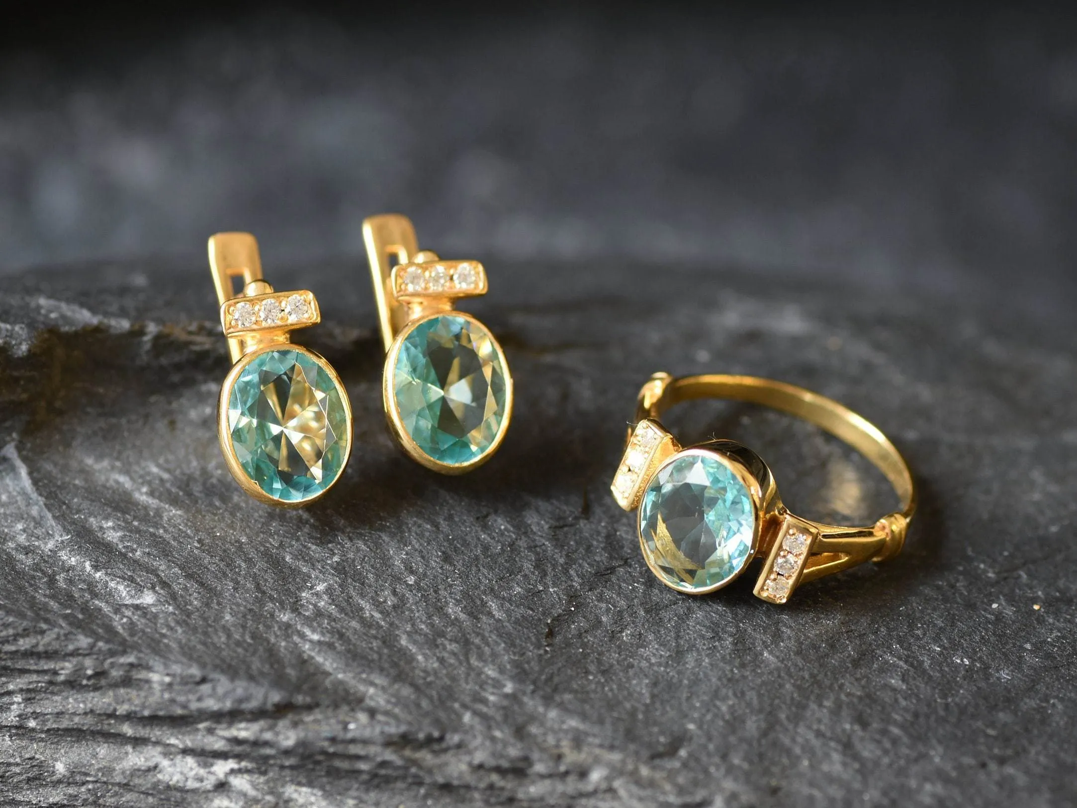 Gold Aqua Earrings - Blue Vintage Earrings, Blue Diamond Earring