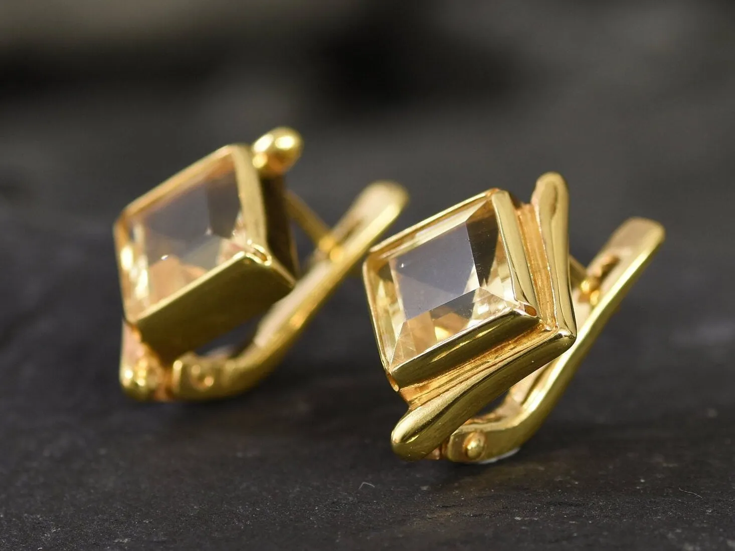 Gold Citrine Earrings - November Birthstone Earrings, Gold Square Earrings