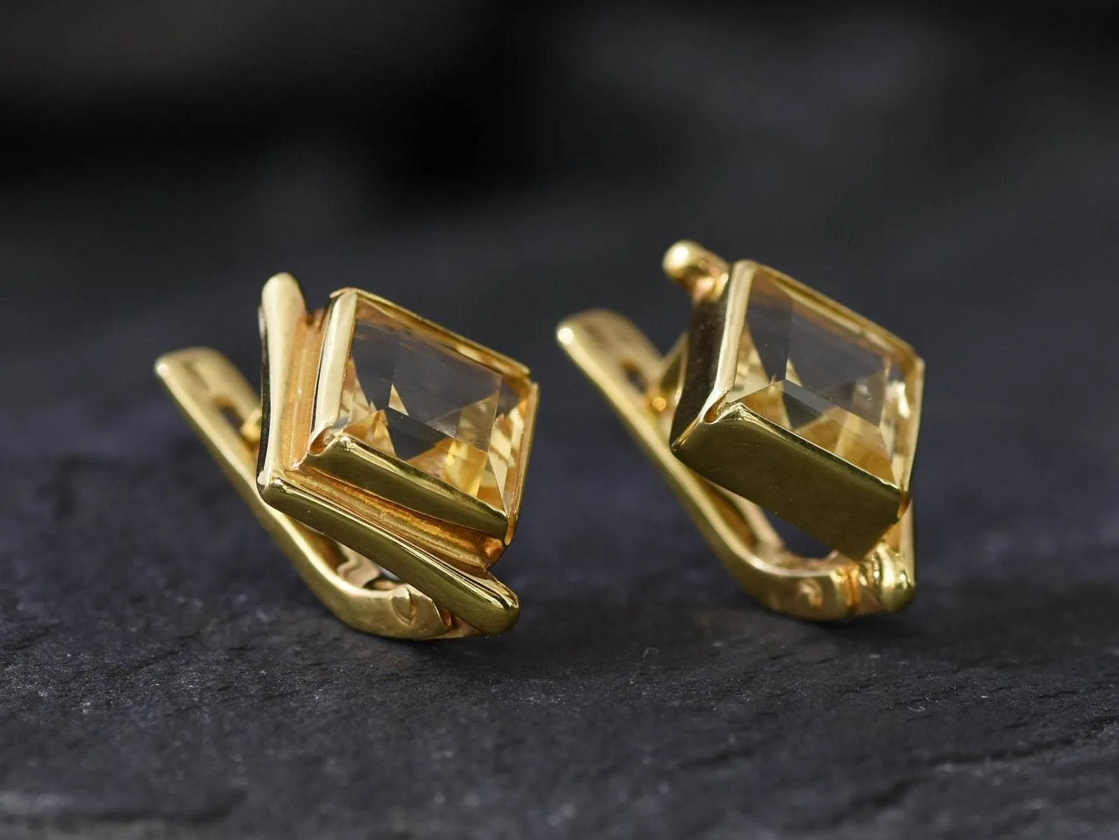 Gold Citrine Earrings - November Birthstone Earrings, Gold Square Earrings