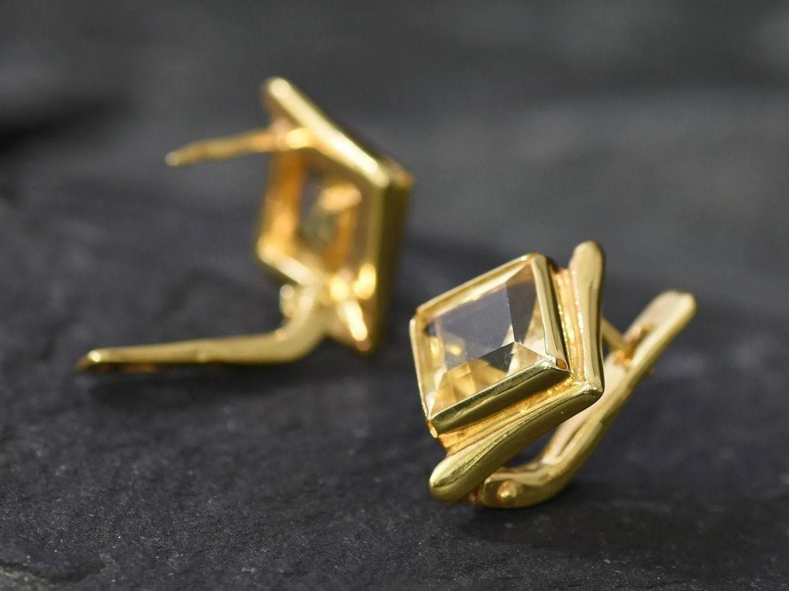 Gold Citrine Earrings - November Birthstone Earrings, Gold Square Earrings