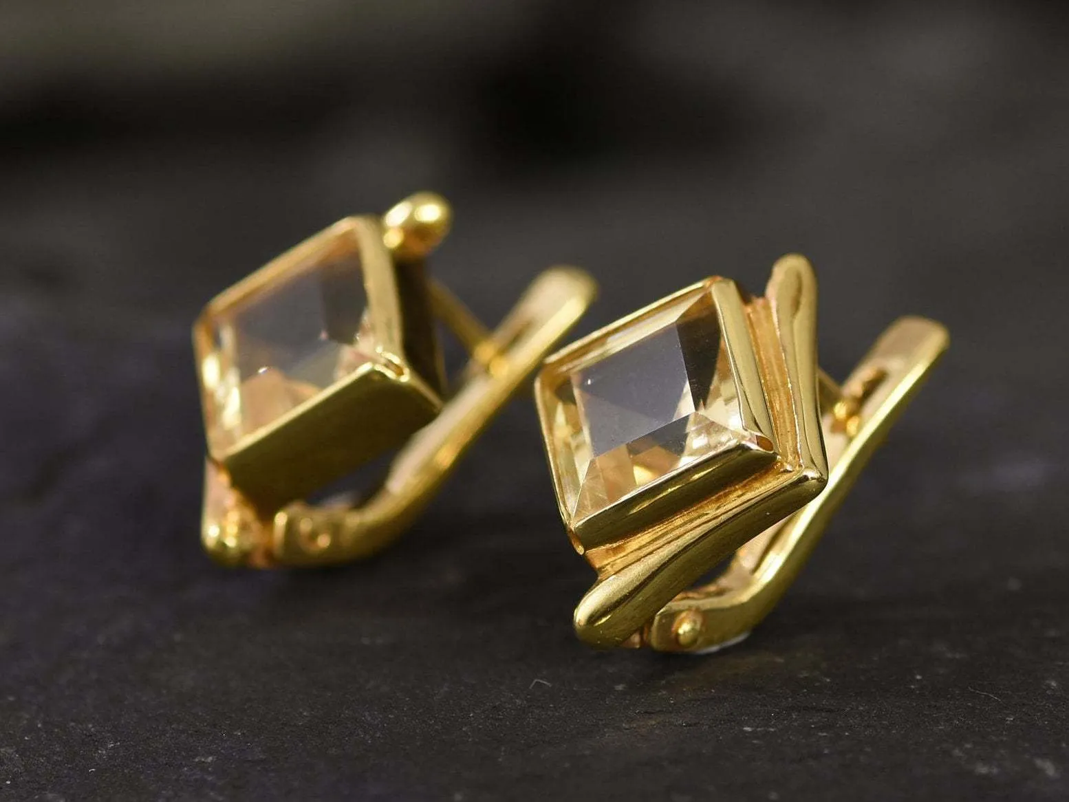 Gold Citrine Earrings - November Birthstone Earrings, Gold Square Earrings