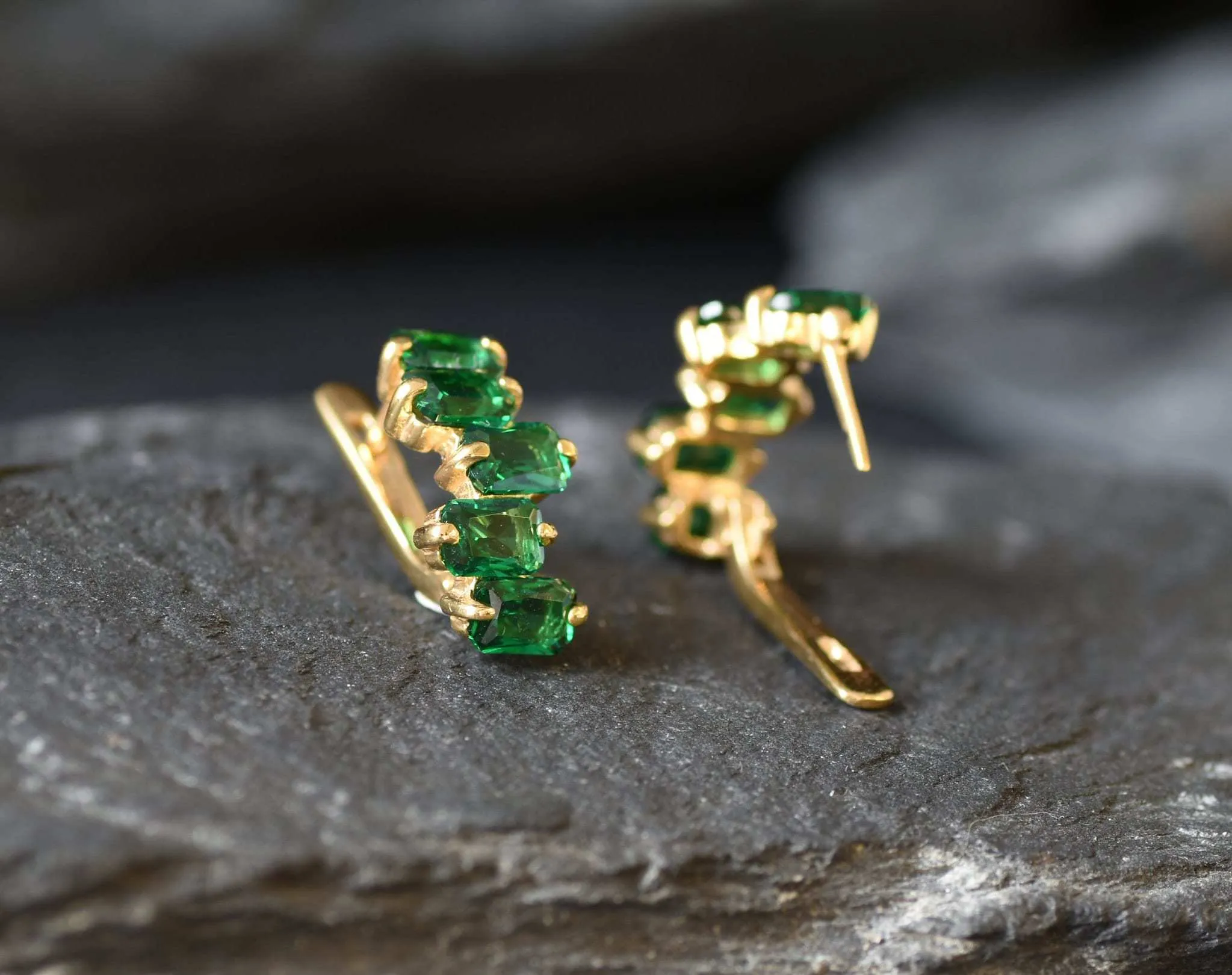 Gold Emerald Earrings - Created Emerald, Gold Baguette Earrings
