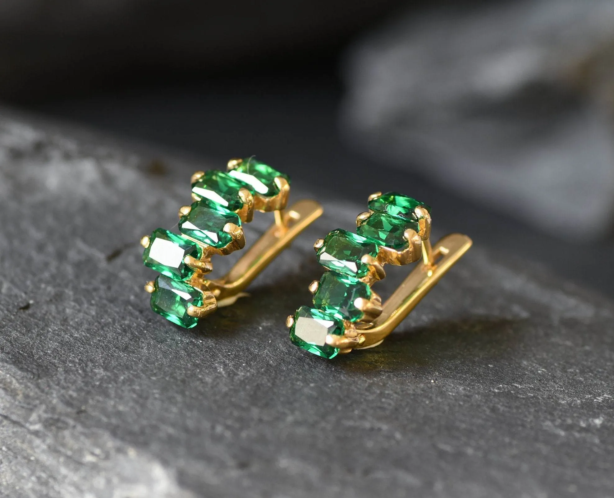 Gold Emerald Earrings - Created Emerald, Gold Baguette Earrings