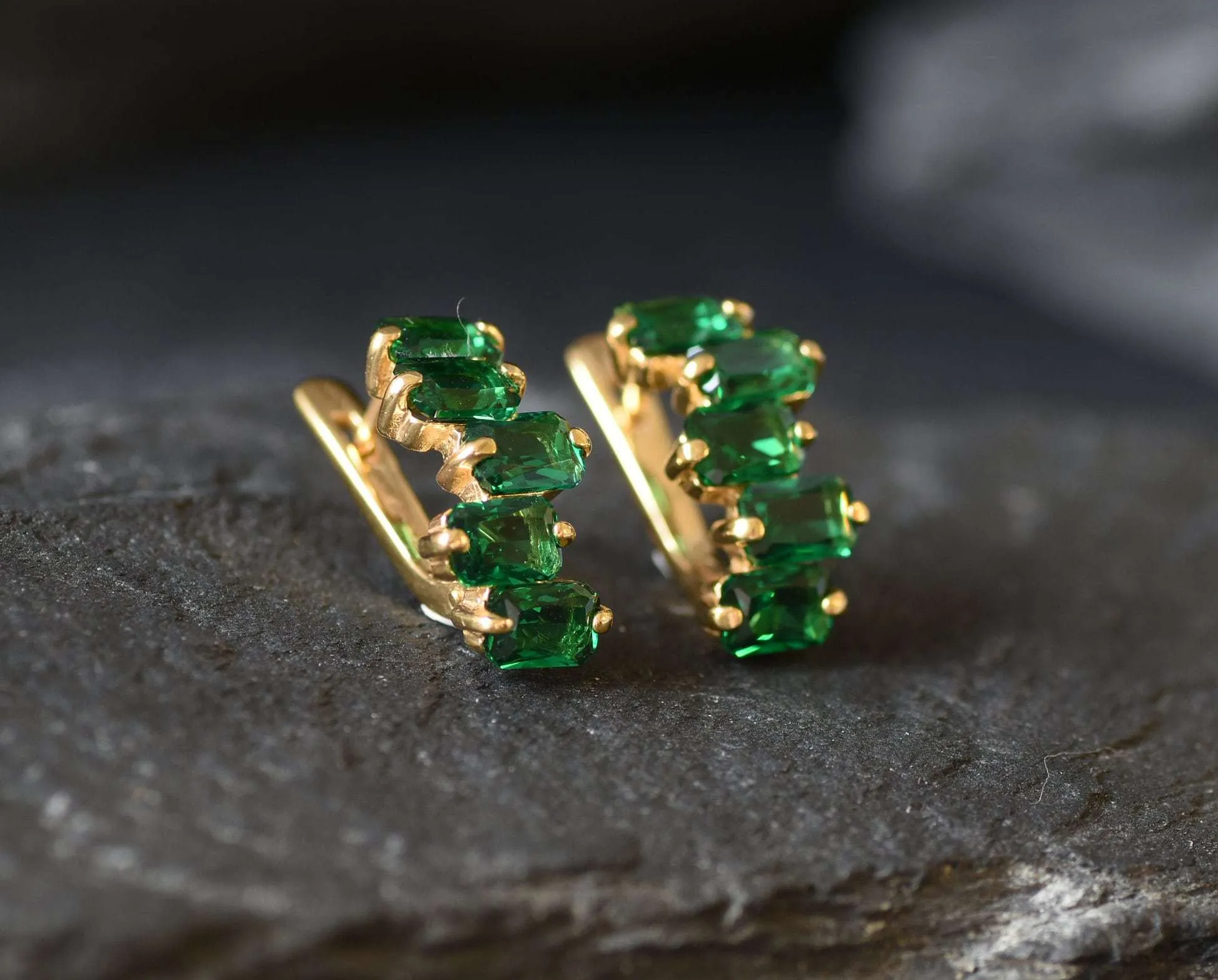 Gold Emerald Earrings - Created Emerald, Gold Baguette Earrings