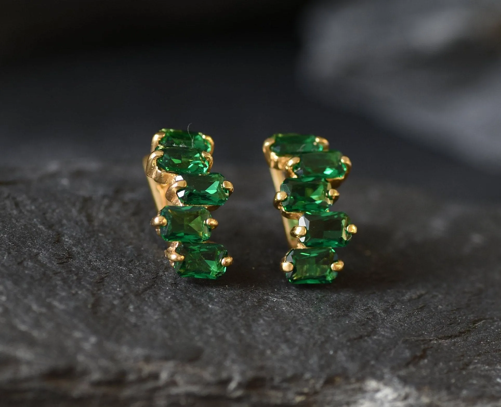 Gold Emerald Earrings - Created Emerald, Gold Baguette Earrings