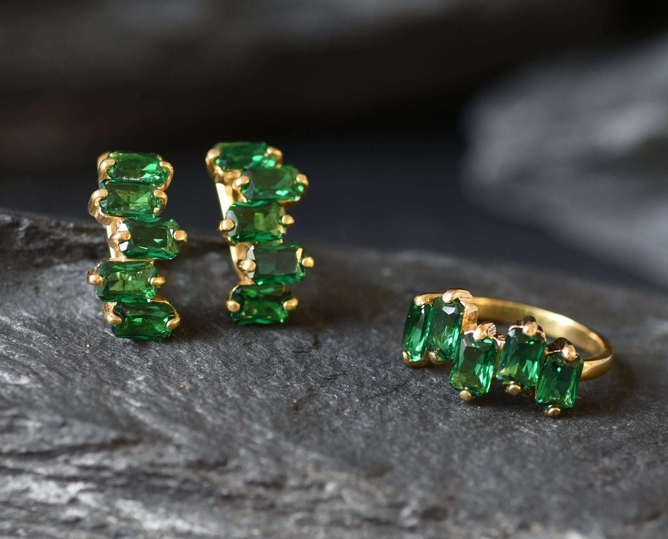 Gold Emerald Earrings - Created Emerald, Gold Baguette Earrings