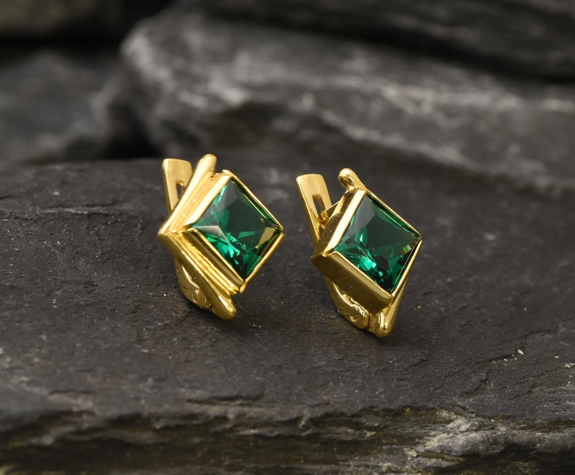 Gold Emerald Earrings - Created Emerald, Green Square Studs