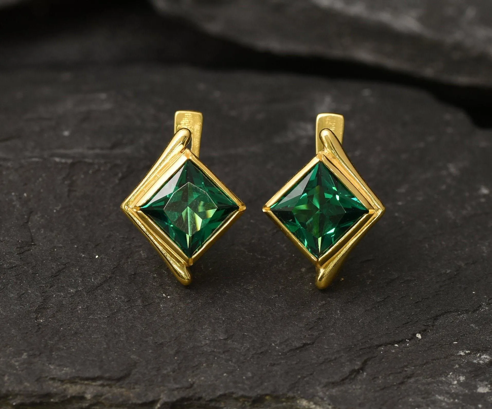 Gold Emerald Earrings - Created Emerald, Green Square Studs