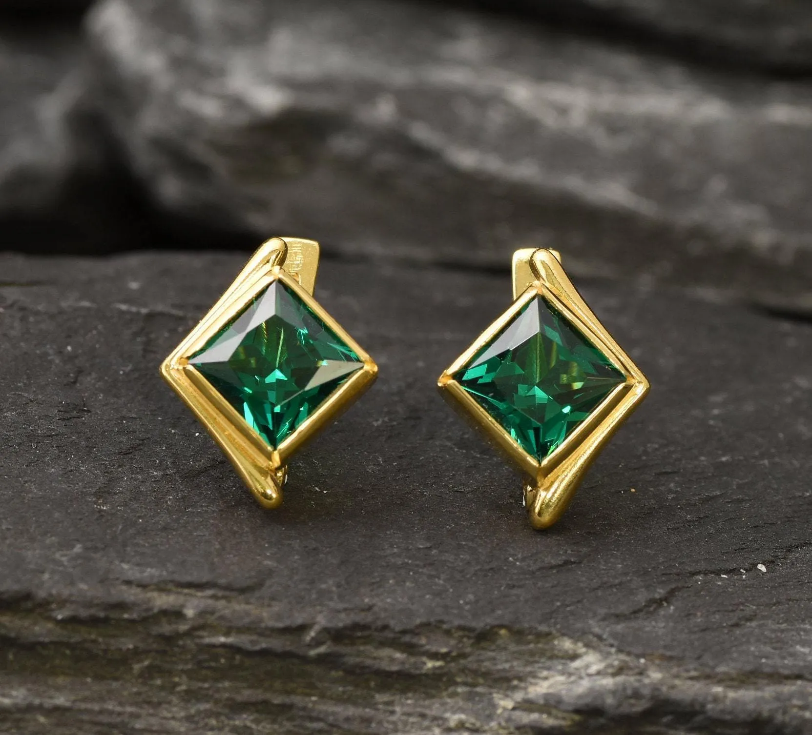 Gold Emerald Earrings - Created Emerald, Green Square Studs