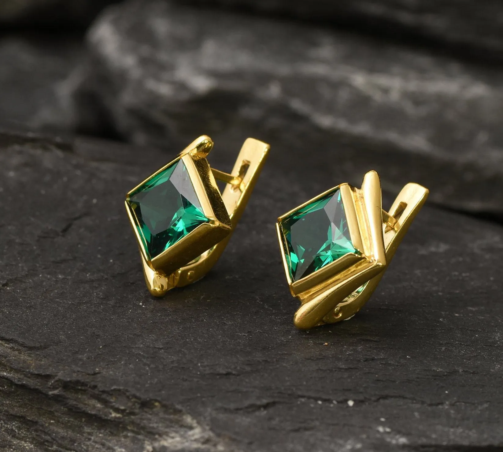 Gold Emerald Earrings - Created Emerald, Green Square Studs