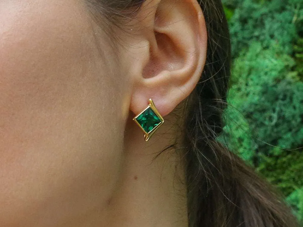 Gold Emerald Earrings - Created Emerald, Green Square Studs