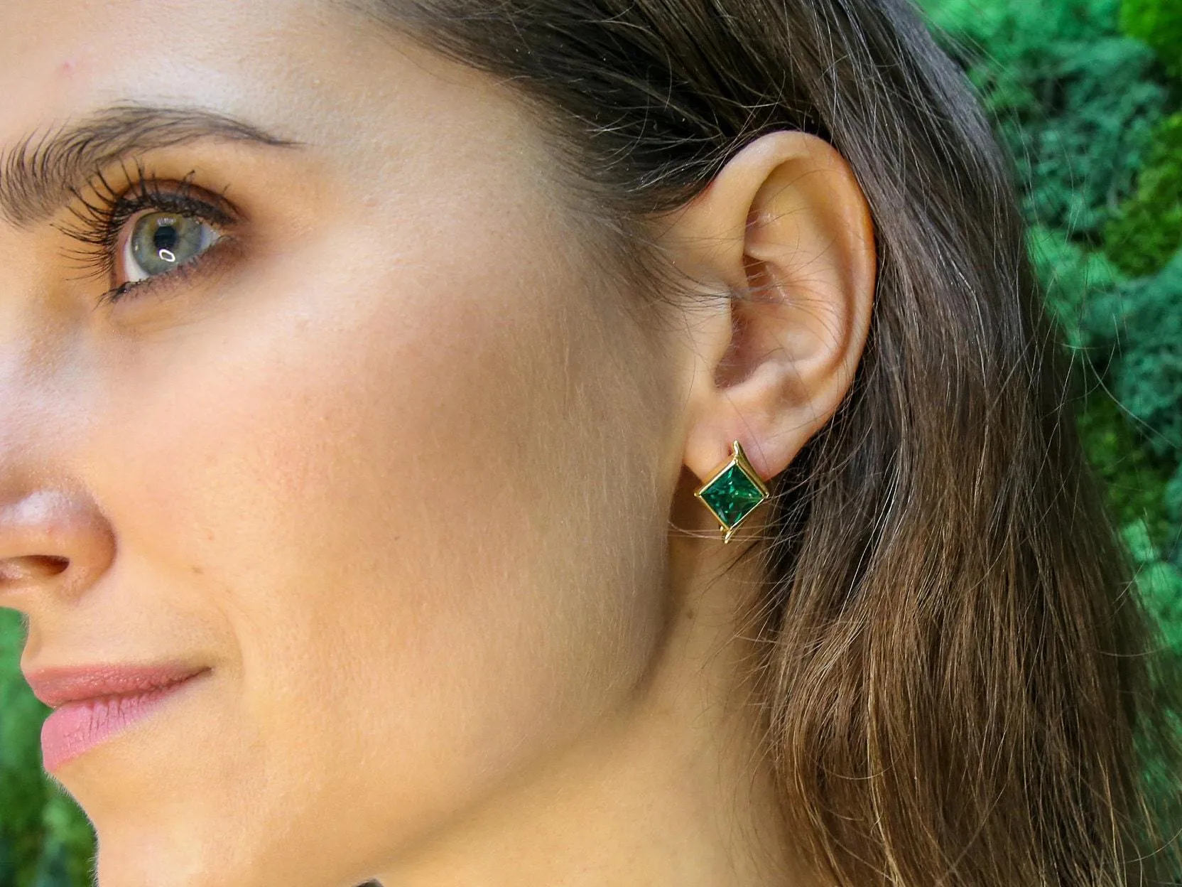 Gold Emerald Earrings - Created Emerald, Green Square Studs