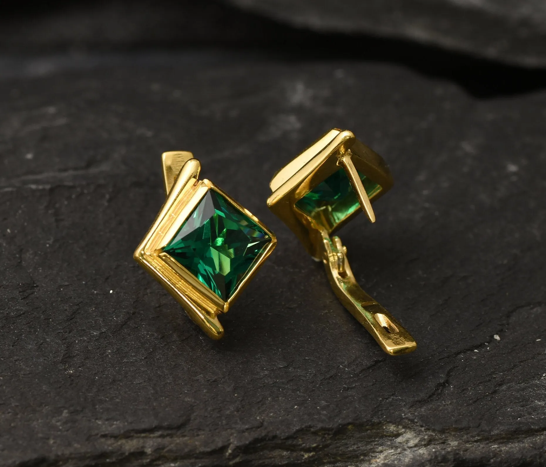 Gold Emerald Earrings - Created Emerald, Green Square Studs