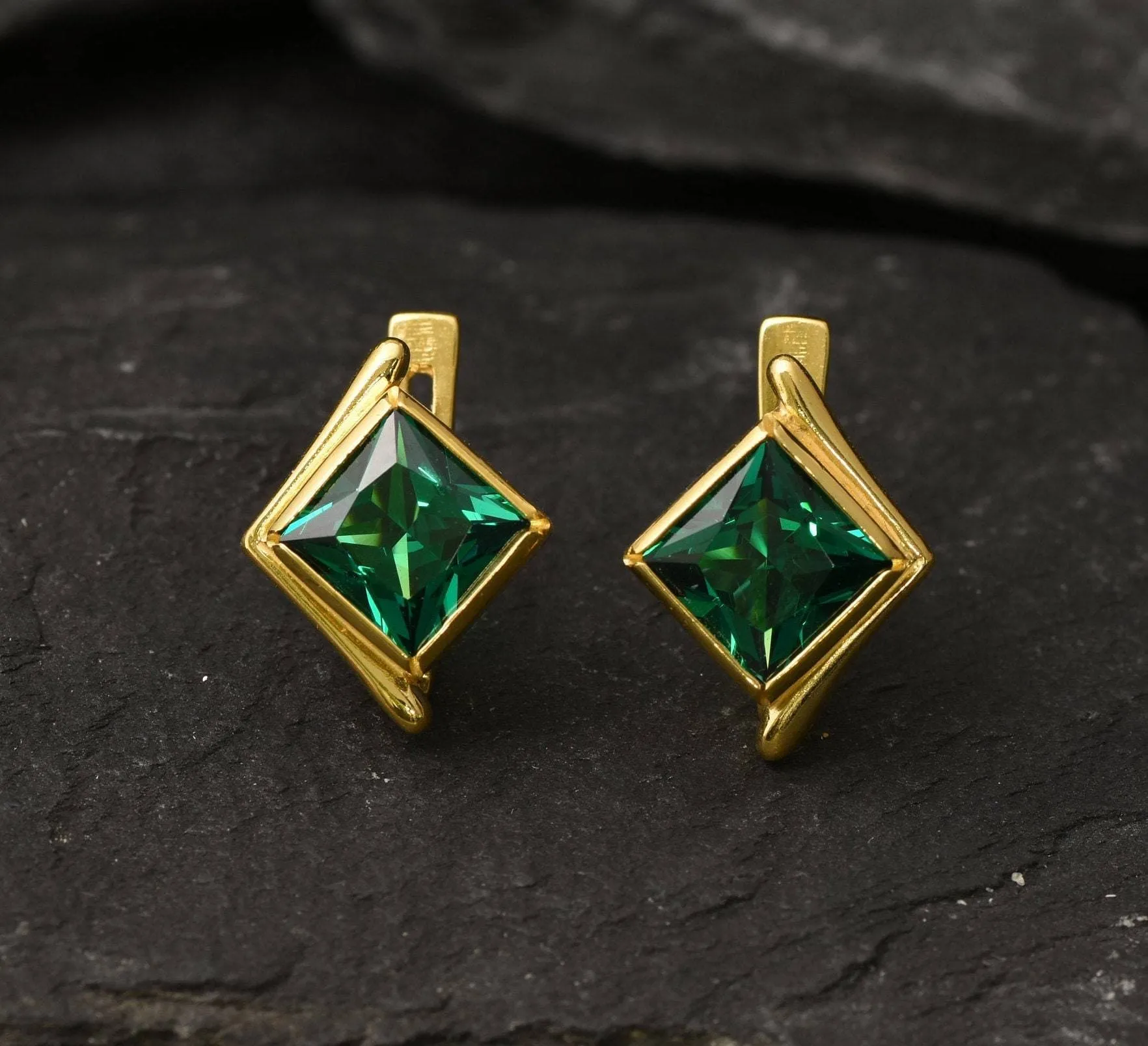 Gold Emerald Earrings - Created Emerald, Green Square Studs