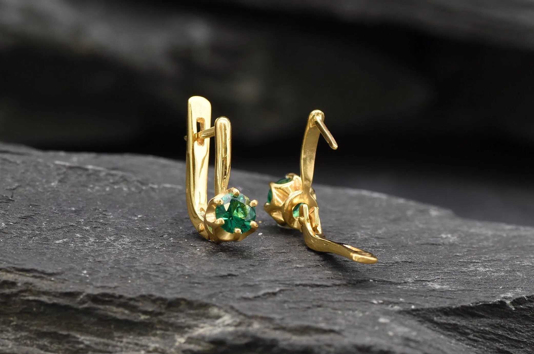 Gold Emerald Earrings - Green Dainty Earrings, Small Drop Earrings