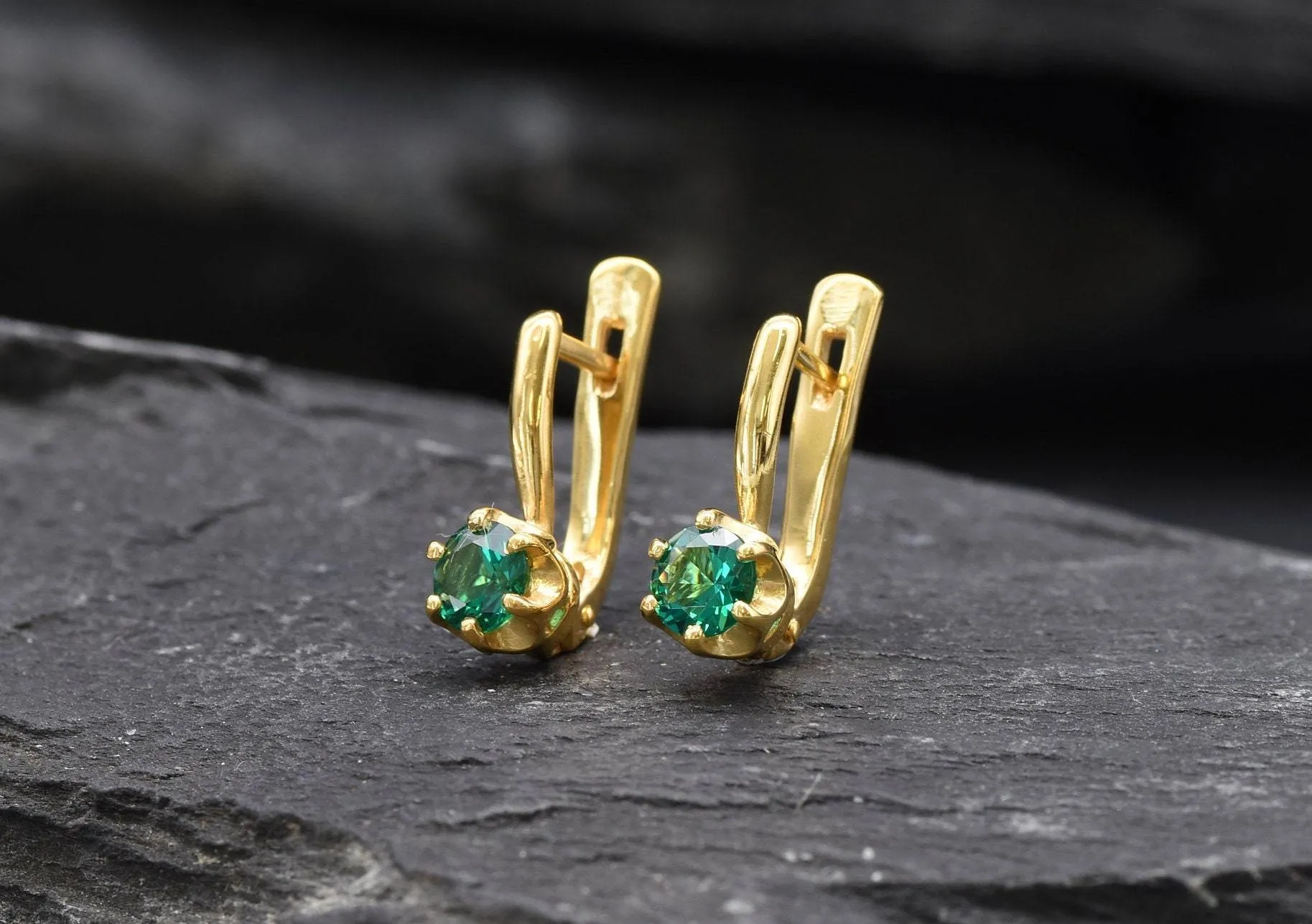 Gold Emerald Earrings - Green Dainty Earrings, Small Drop Earrings