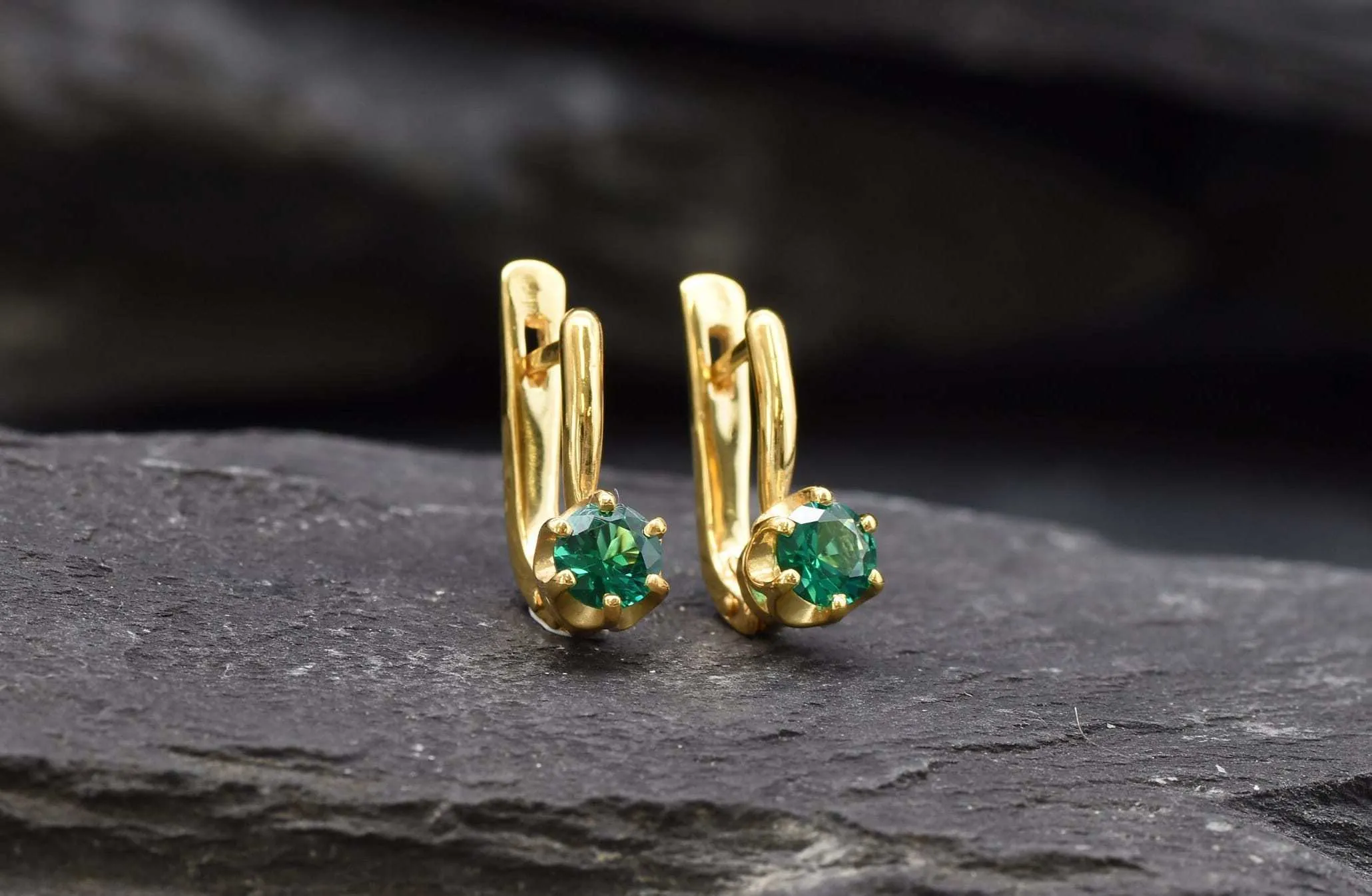 Gold Emerald Earrings - Green Dainty Earrings, Small Drop Earrings