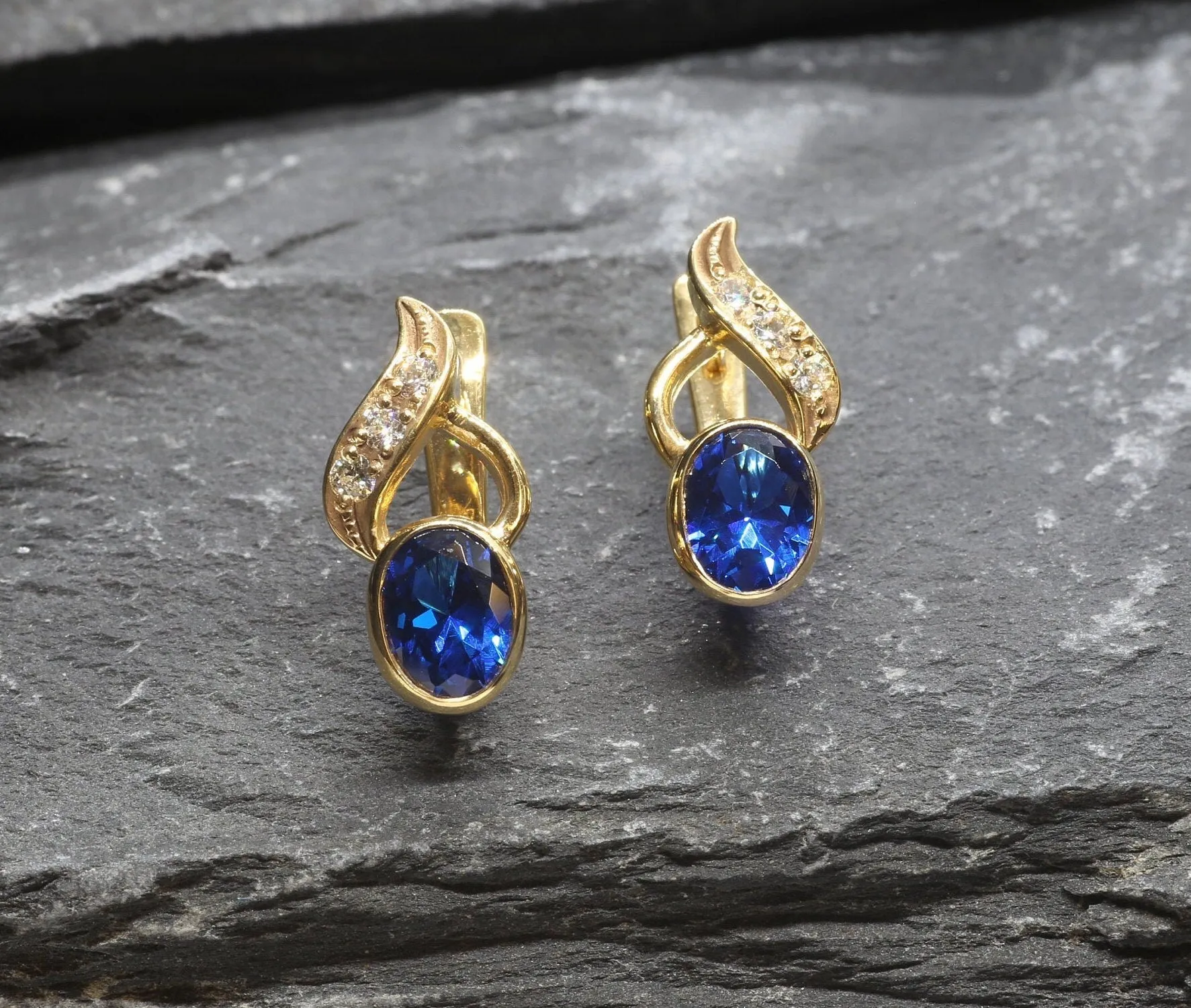 Gold Sapphire Earrings - Blue Drop Earrings, Classy Sapphire Earrings