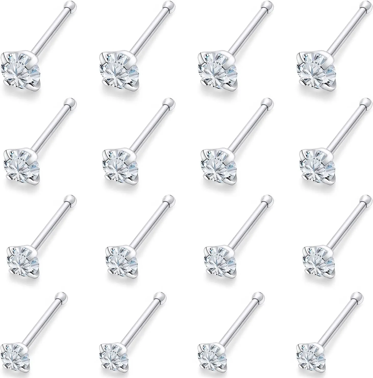 Lsnevsie 18G 20G 22G Surgical Steel Opal Nose Rings Studs for Women Men Nose Piercing Jewelry Top Diamond 1.5mm 2mm 2.5mm 3mm 16Pcs
