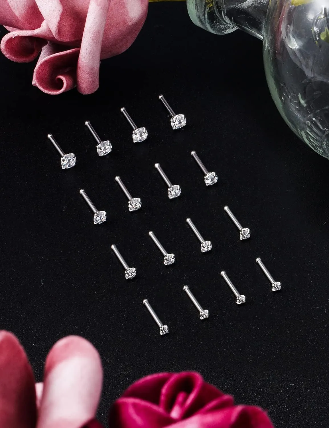 Lsnevsie 18G 20G 22G Surgical Steel Opal Nose Rings Studs for Women Men Nose Piercing Jewelry Top Diamond 1.5mm 2mm 2.5mm 3mm 16Pcs