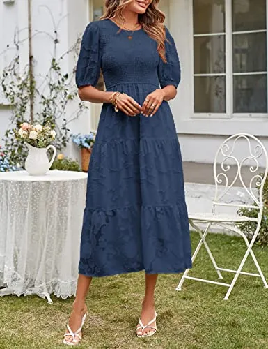 MEROKEETY Women's Boho Short Sleeve Crewneck Smocked Dress Floral Swing A-Line Beach Dresses,Navy,L