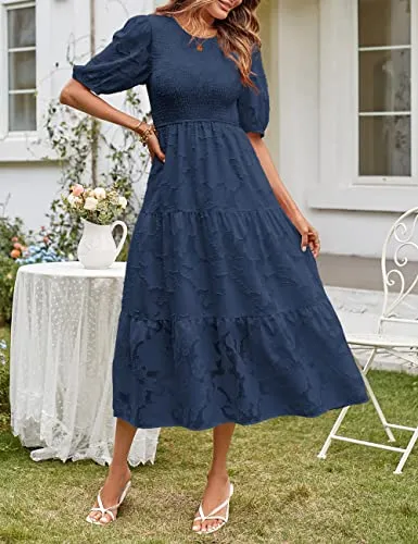 MEROKEETY Women's Boho Short Sleeve Crewneck Smocked Dress Floral Swing A-Line Beach Dresses,Navy,L