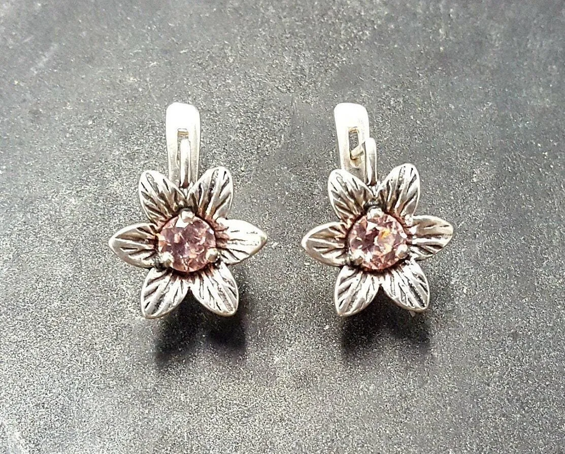 Morganite Earrings - Pink Flower Earrings - Drop Flower Studs