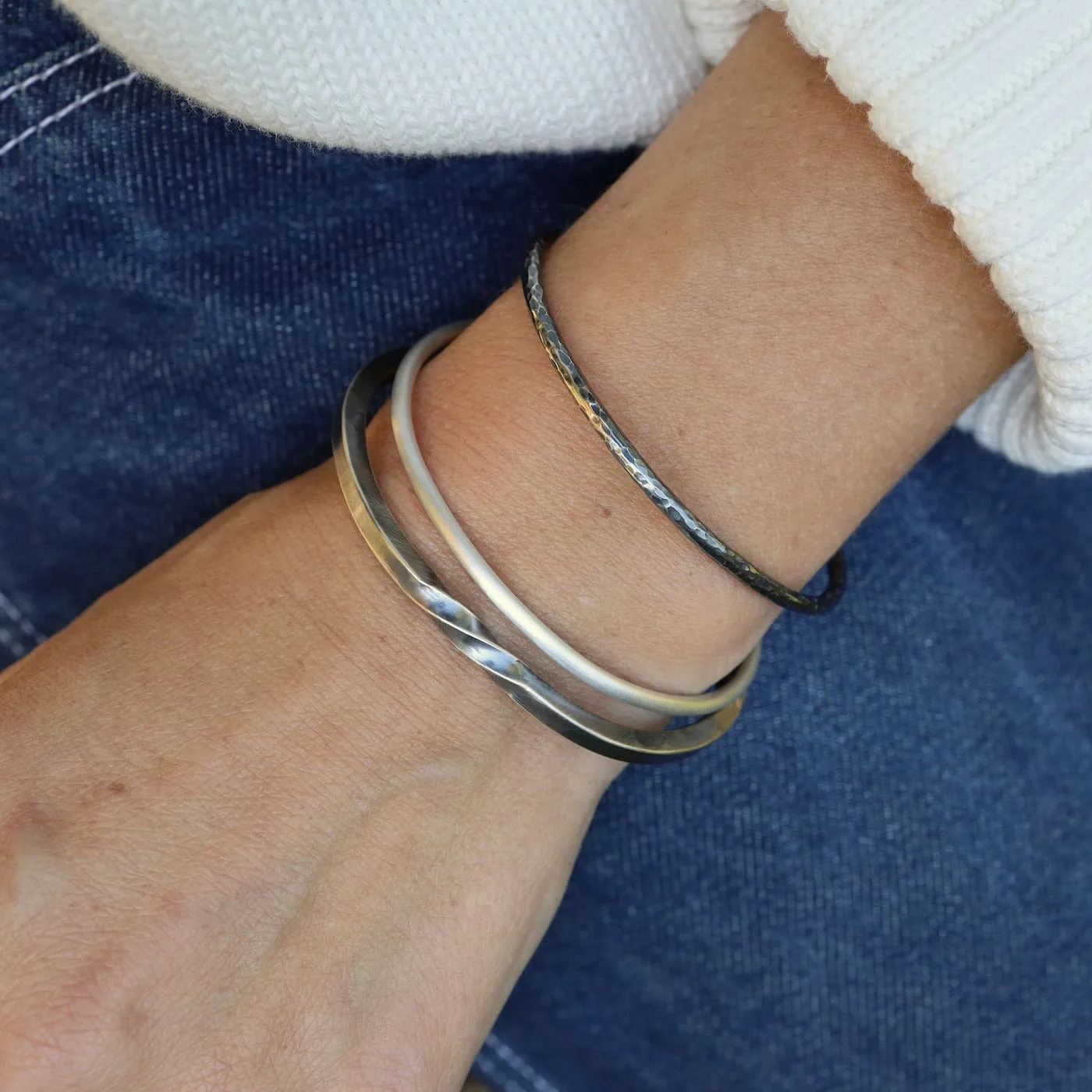 Oxidized Silver Thick Bias Cuff with Partial Twist