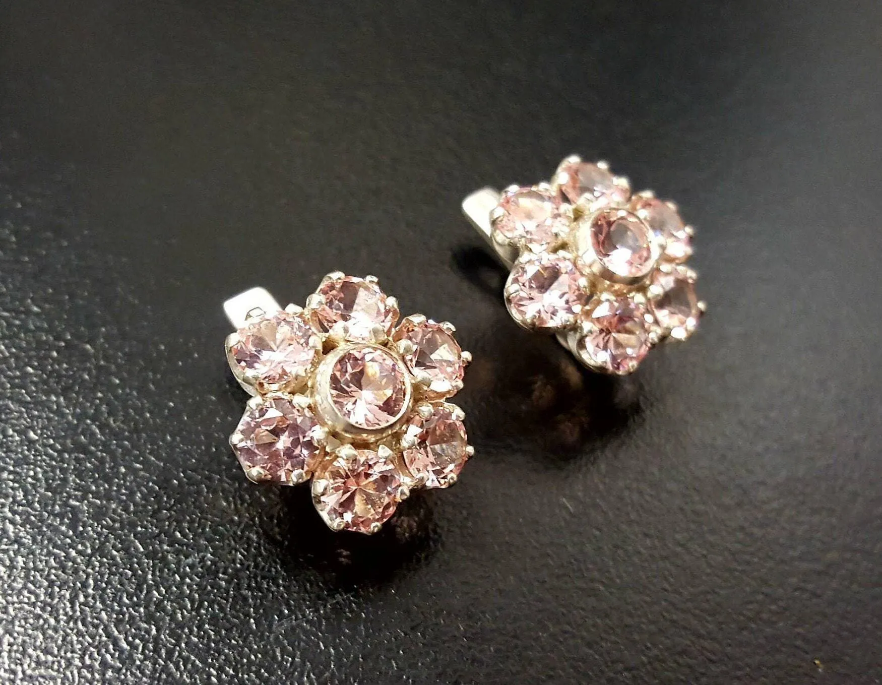 Pink Flower Earrings - Large Morganite Earrings - Vintage Floral Earrings