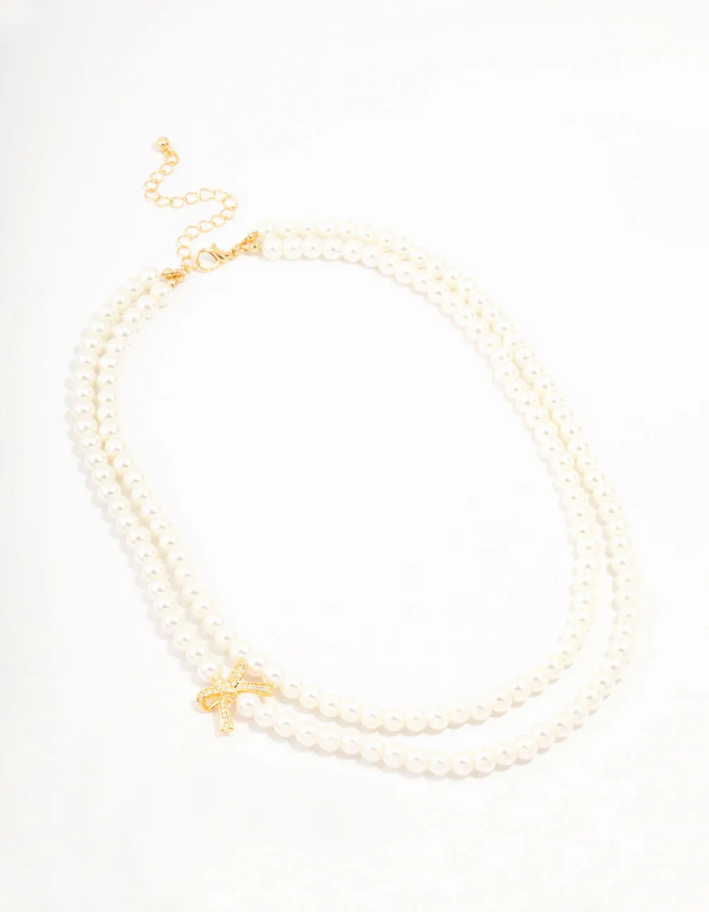 Real Gold Plated Layered Freshwater Pearl Strand Bow Necklace