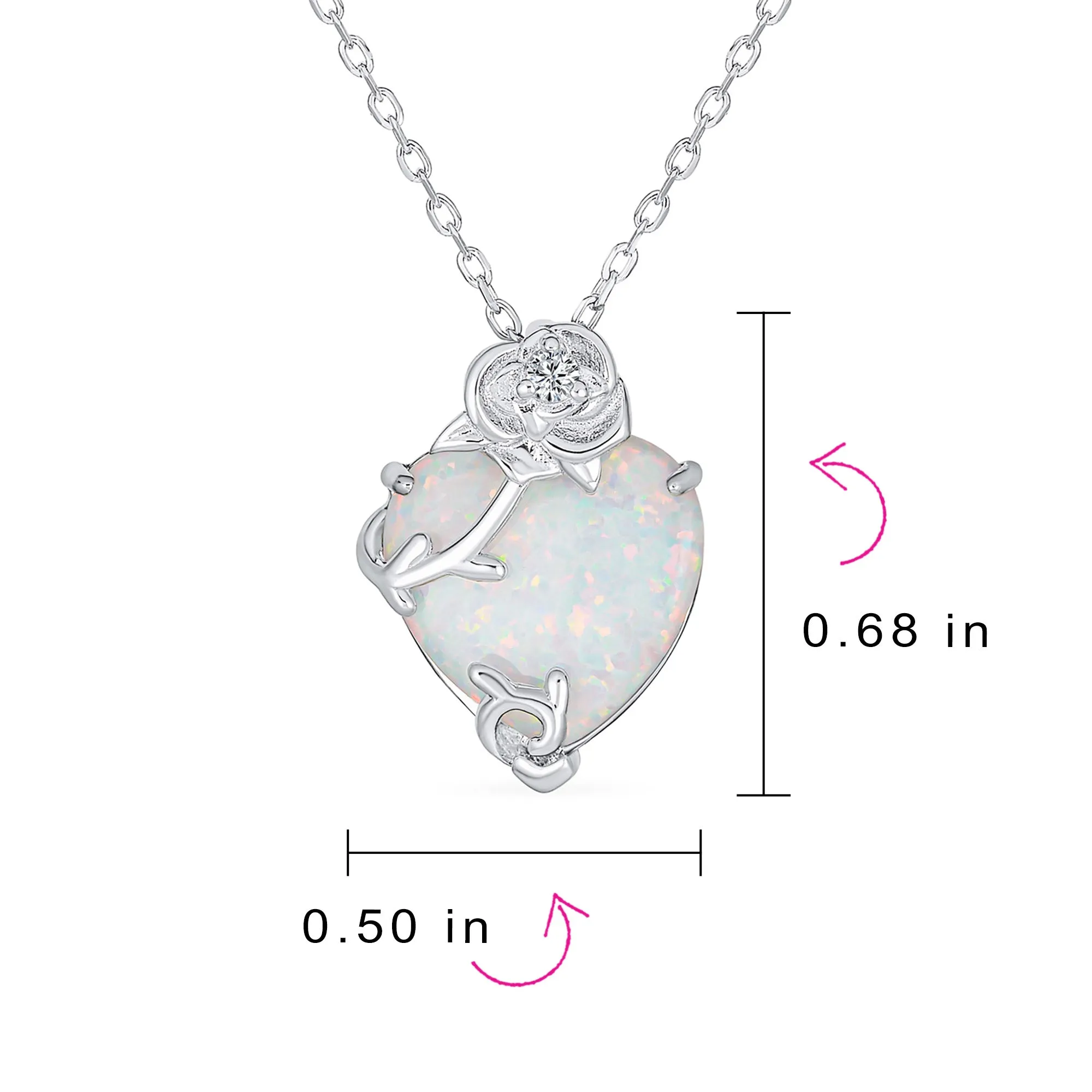 Romantic Opulence Heart Opal CZ Rose Pendant Necklace Sterling Silver 16-18 Inch