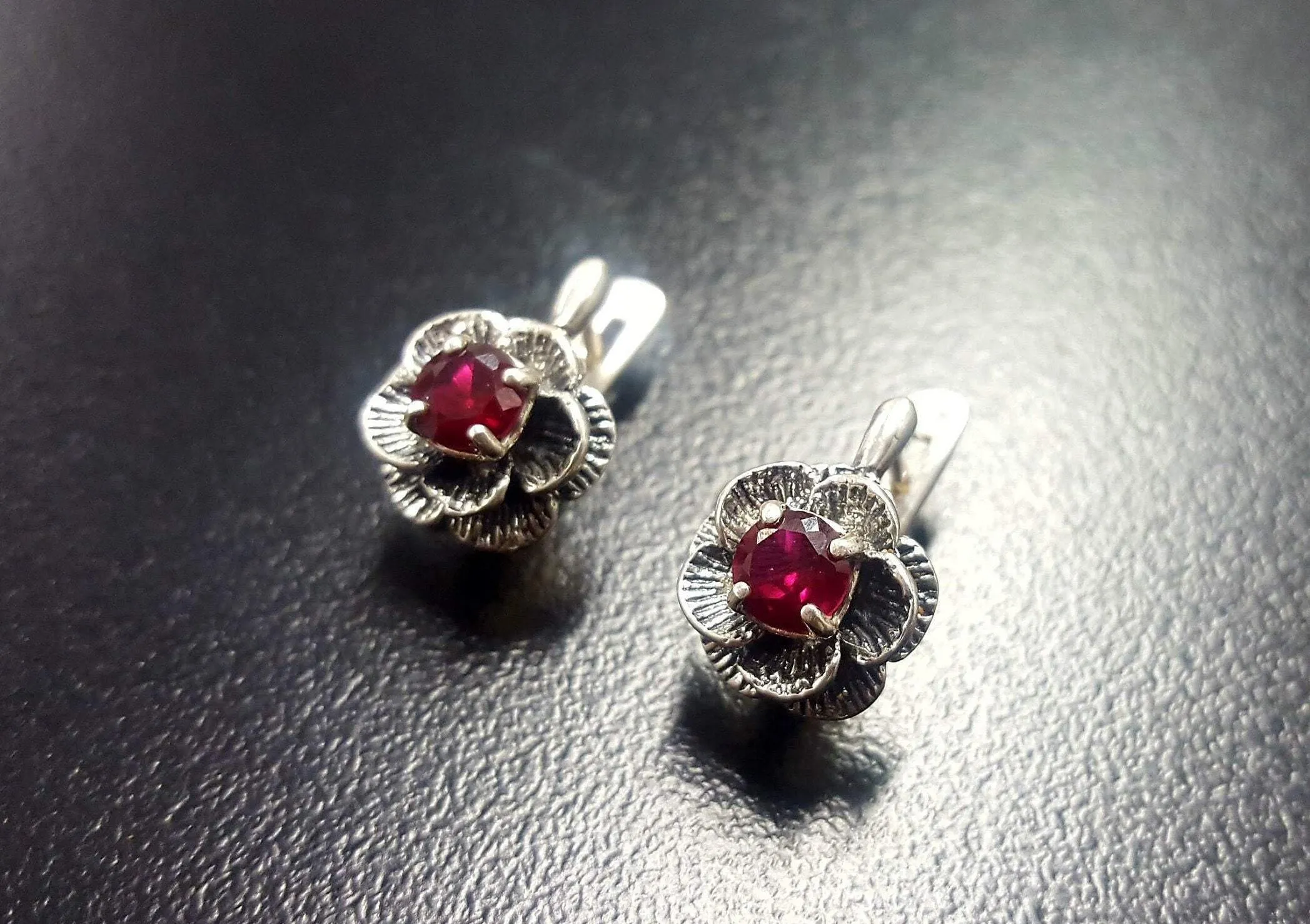 Ruby Rose Earrings - Red Flower Earrings, Dainty Pink Earrings