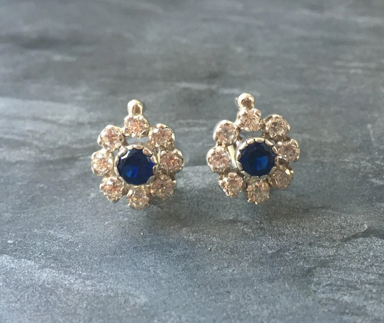Sapphire Flower Earrings - Diamond Silver Studs - Vintage Sapphire Earrings