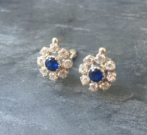 Sapphire Flower Earrings - Diamond Silver Studs - Vintage Sapphire Earrings