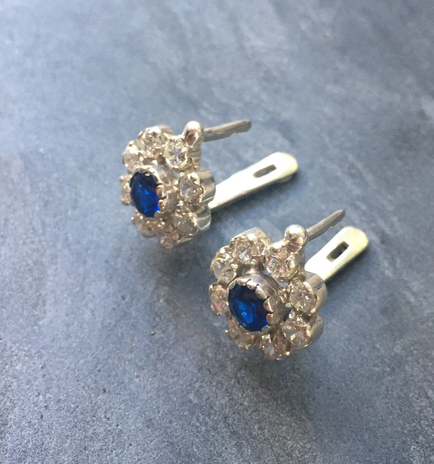 Sapphire Flower Earrings - Diamond Silver Studs - Vintage Sapphire Earrings