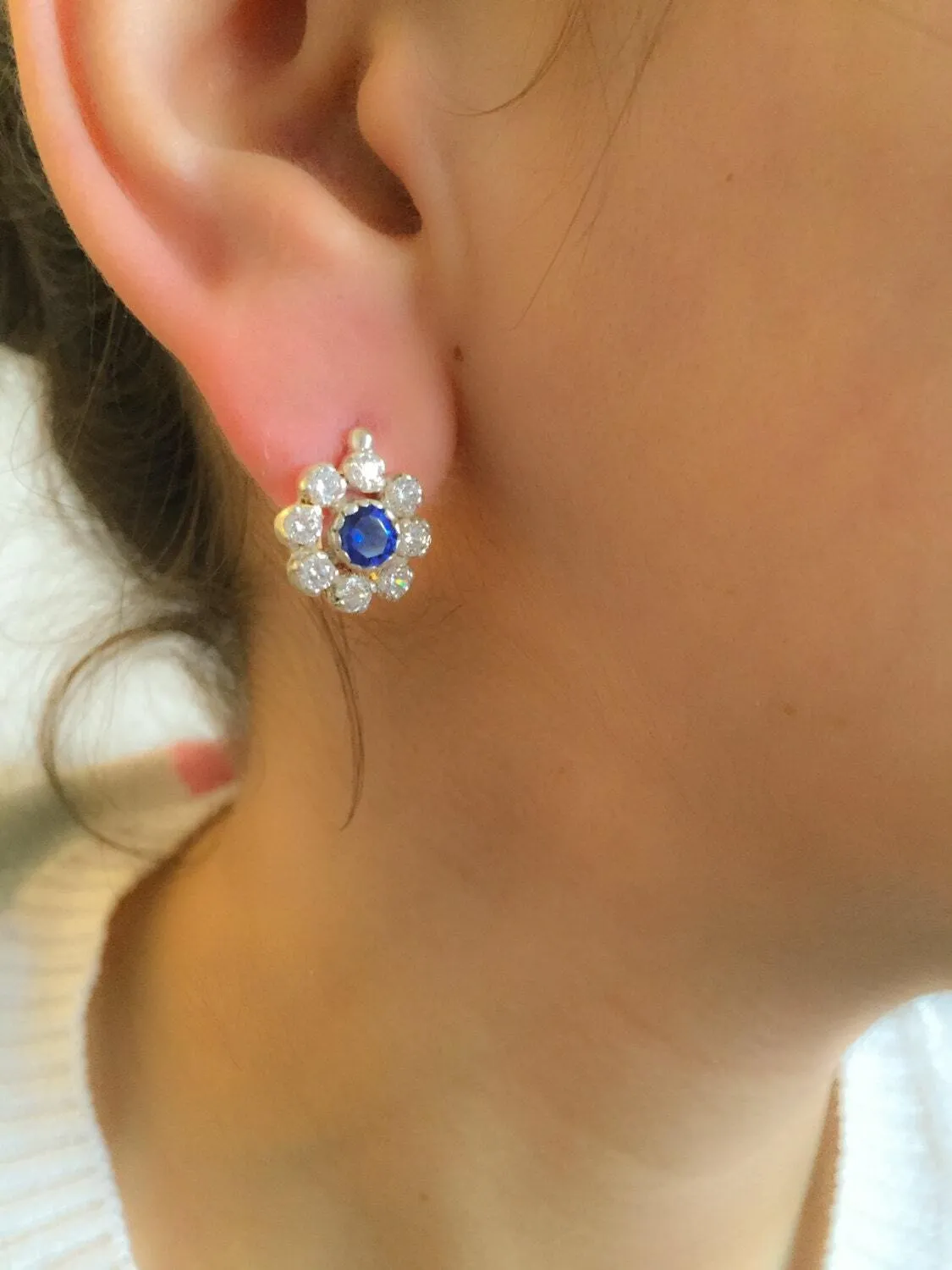 Sapphire Flower Earrings - Diamond Silver Studs - Vintage Sapphire Earrings