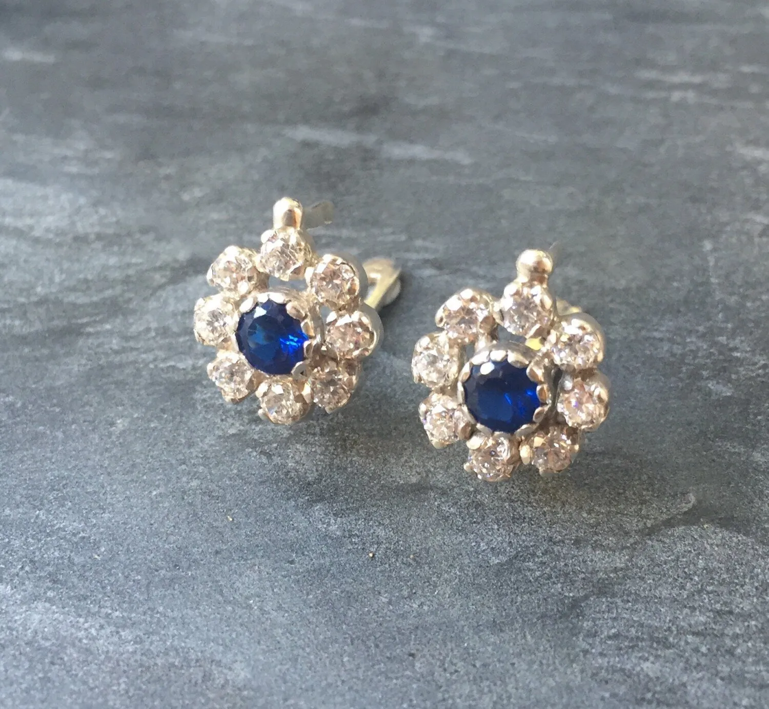 Sapphire Flower Earrings - Diamond Silver Studs - Vintage Sapphire Earrings