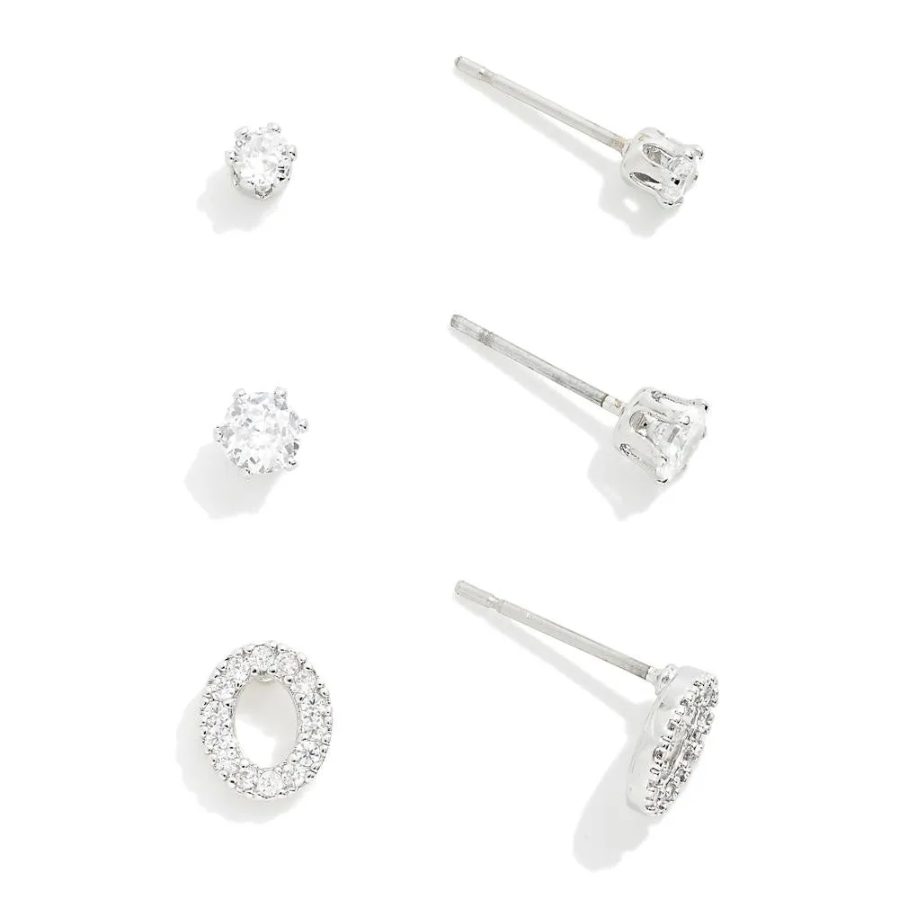 Single Pair or Set of Three Simple Cubic Zirconia Stud Earrings With a Set of Open Circle Studs