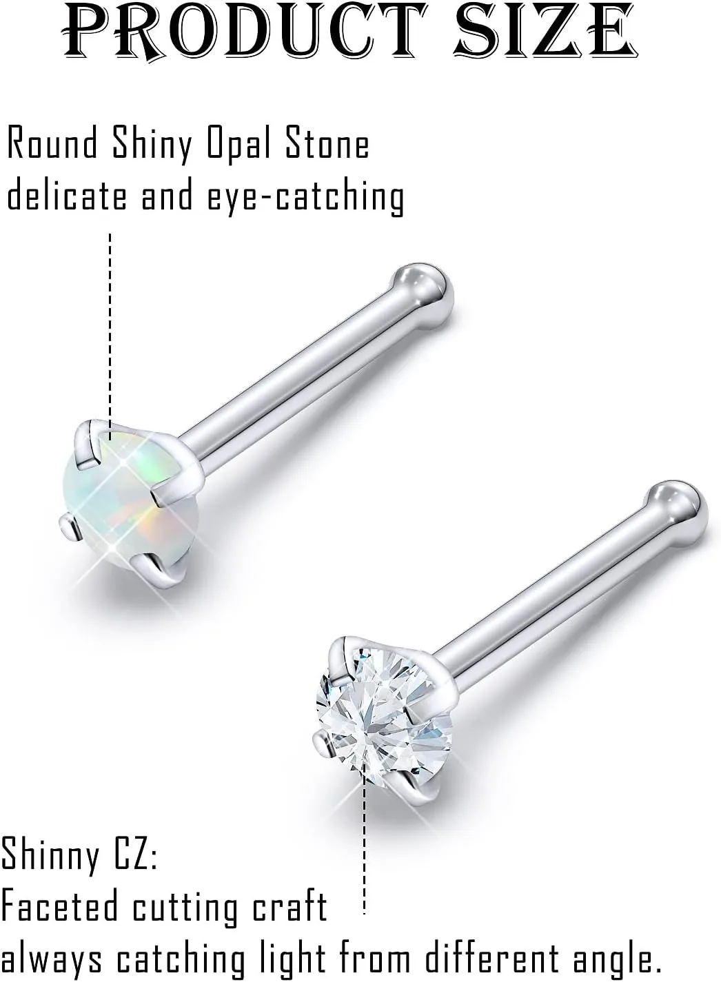 Surgical Steel Nose Ring 20G - Hypoallergenic Nose Studs With Cute Flat Opal Flower Diamond Heart - Straight L Shaped Purple, Pink, Black, Silver for Women Men Gift