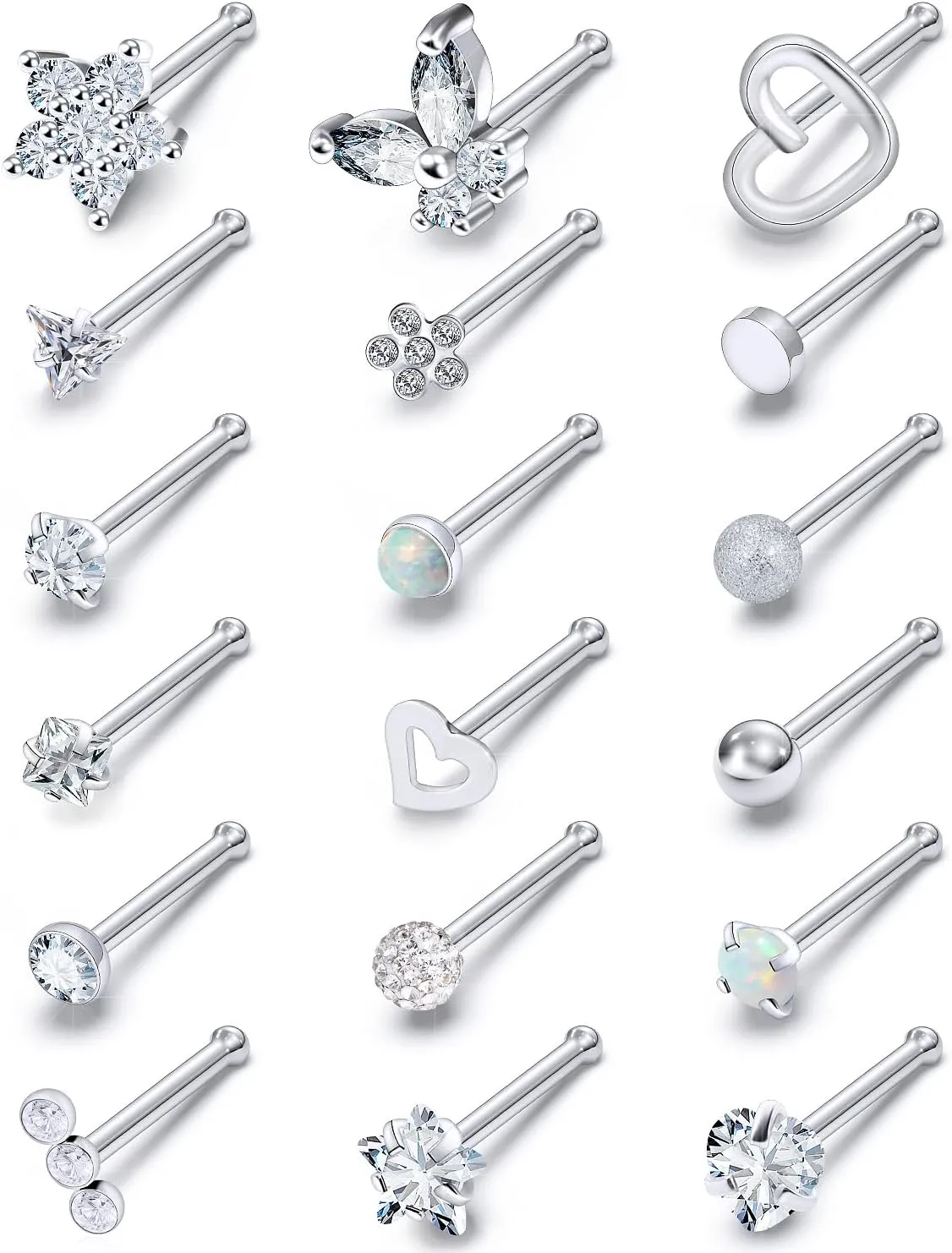 Surgical Steel Nose Ring 20G - Hypoallergenic Nose Studs With Cute Flat Opal Flower Diamond Heart - Straight L Shaped Purple, Pink, Black, Silver for Women Men Gift
