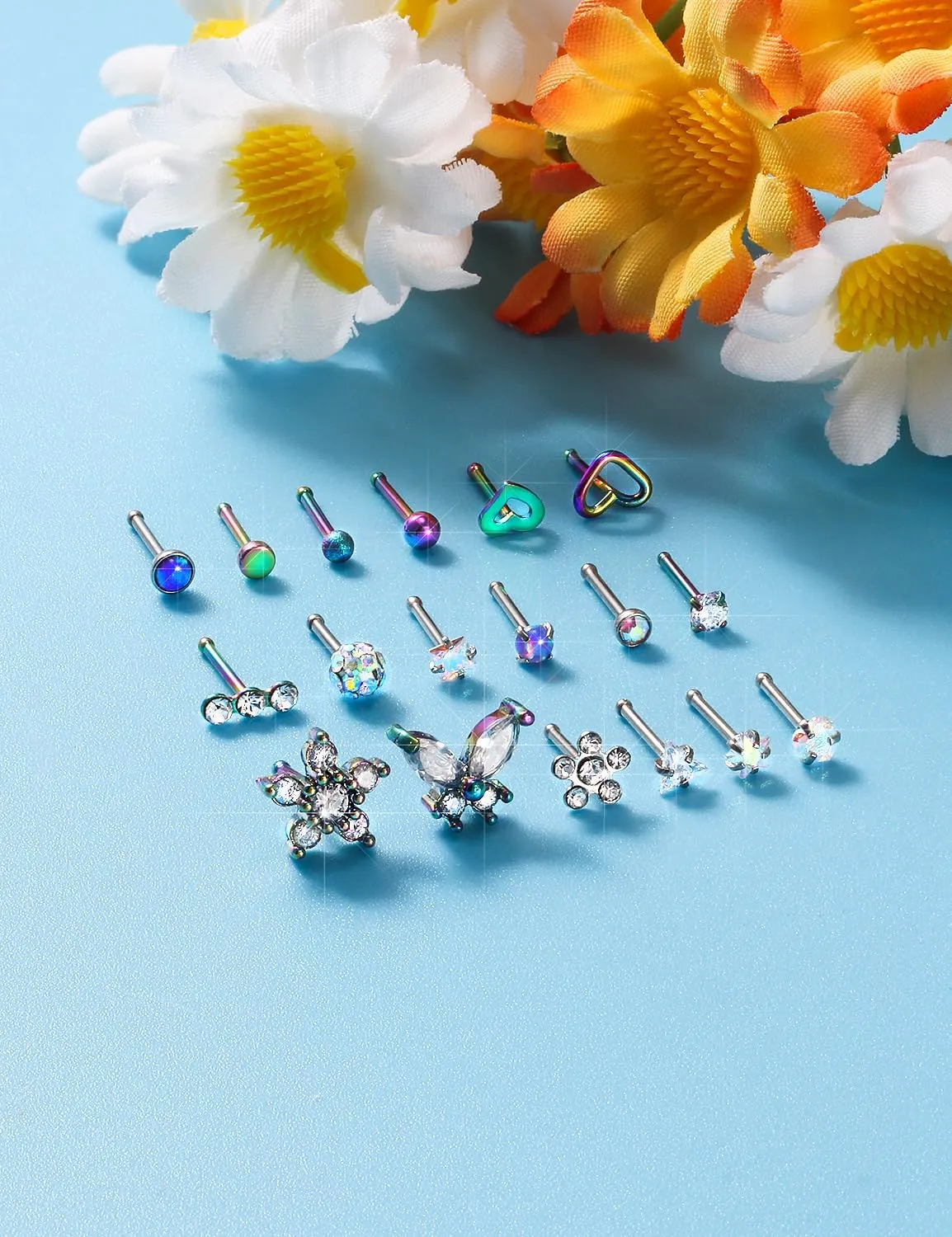 Surgical Steel Nose Ring 20G - Hypoallergenic Nose Studs With Cute Flat Opal Flower Diamond Heart - Straight L Shaped Purple, Pink, Black, Silver for Women Men Gift
