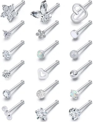 Surgical Steel Nose Ring 20G - Hypoallergenic Nose Studs With Cute Flat Opal Flower Diamond Heart - Straight L Shaped Purple, Pink, Black, Silver for Women Men Gift