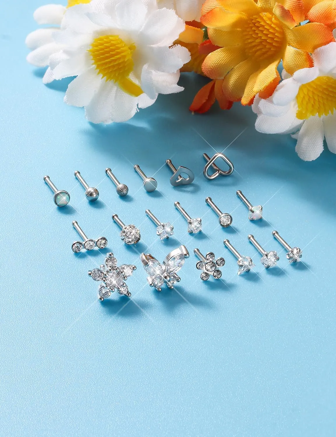 Surgical Steel Nose Ring 20G - Hypoallergenic Nose Studs With Cute Flat Opal Flower Diamond Heart - Straight L Shaped Purple, Pink, Black, Silver for Women Men Gift