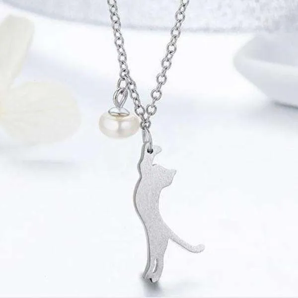Trouble Dangling Kitten and Pearl Ball Sterling Silver Necklace