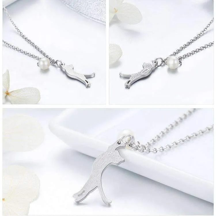 Trouble Dangling Kitten and Pearl Ball Sterling Silver Necklace