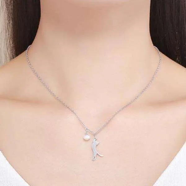 Trouble Dangling Kitten and Pearl Ball Sterling Silver Necklace
