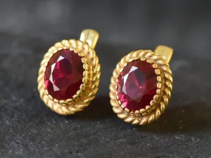 Victorian Ruby Earrings - Red Oval Studs, Gold Ruby Earrings