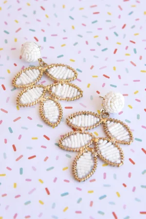 WHITE BEADED LEAF EARRINGS